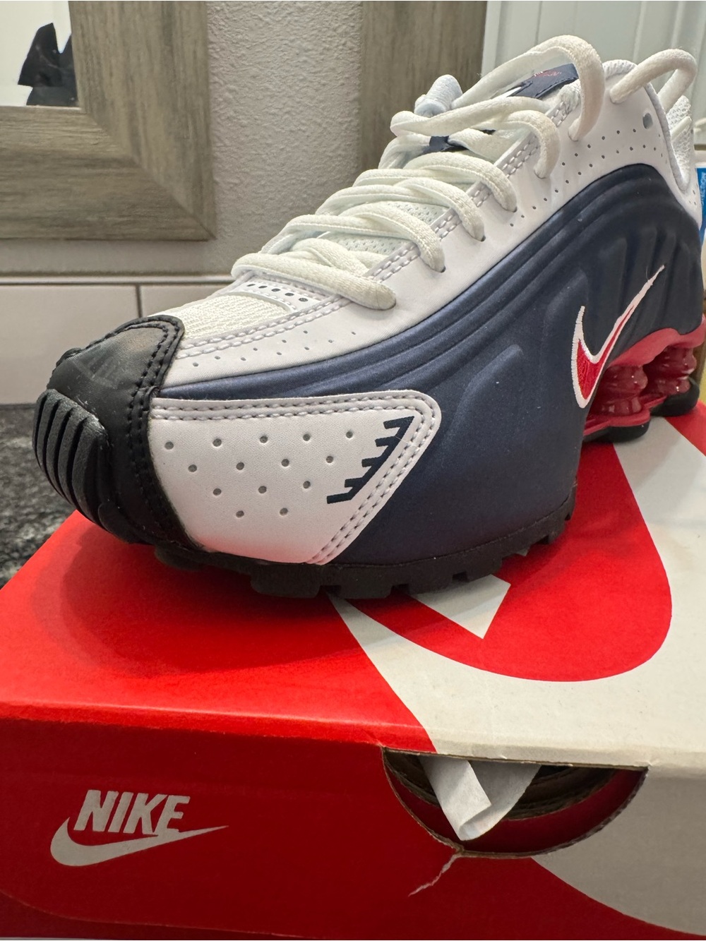 Nike Men’s White Navy Red Shox Sneaker